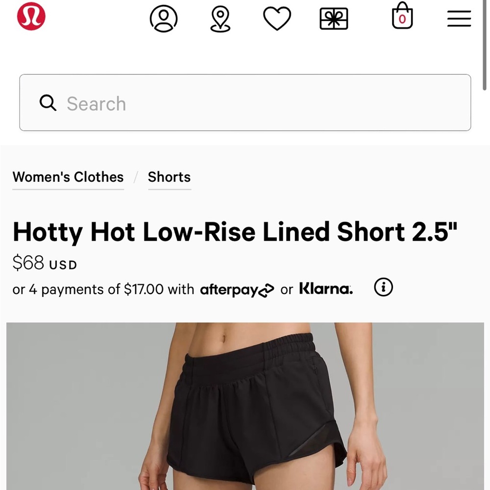 Lululemon Hotty Hot Low Rise Shorts 2.5”, Size 6 Black